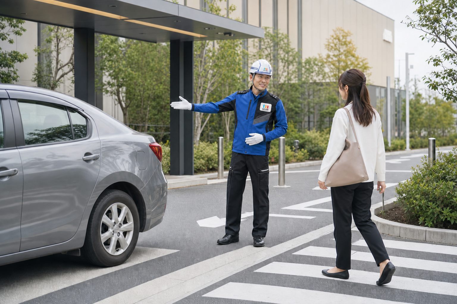 駐車場で案内する警備員