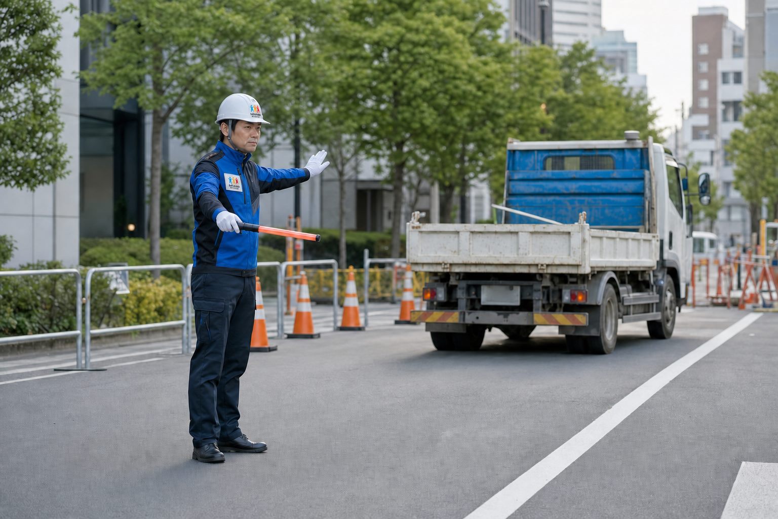 道路工事現場で交通誘導を行う警備員